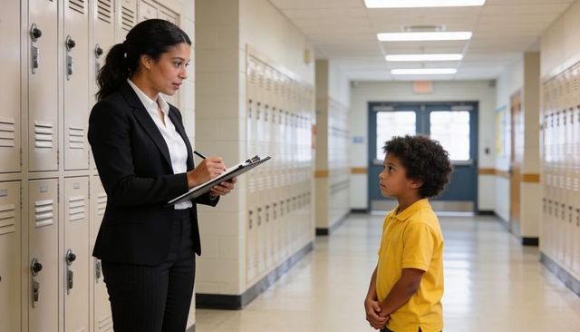 School administrator writing notes on clipboard while young student waiting in hallway near lockers