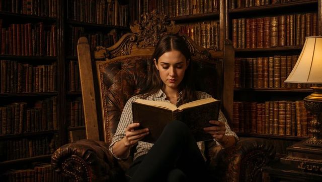 Young woman reading antique tome in ornate leather armchair amid dimly lit historic library