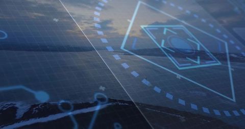 Holographic HUD Overlay Projecting Over Ocean Horizon at Dusk with Futuristic Hexagon Grid