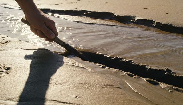 Hand tracing stick along sunlit sand channel, creating rivulet, shadow and reflections