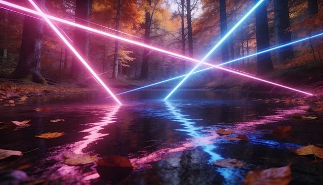 Neon laser beams crossing autumn forest pond creating pink and cyan rippling reflections