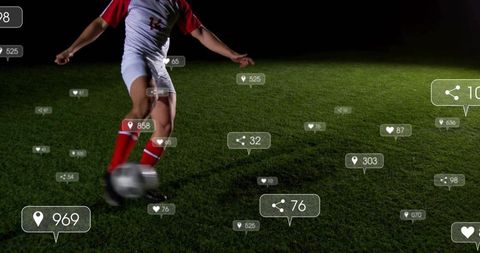 Dynamic Soccer Player Kicking Ball at Night with Social Media Icons