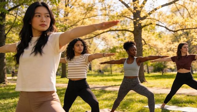 Women practicing warrior ii yoga in sunny park outdoor group fitness session