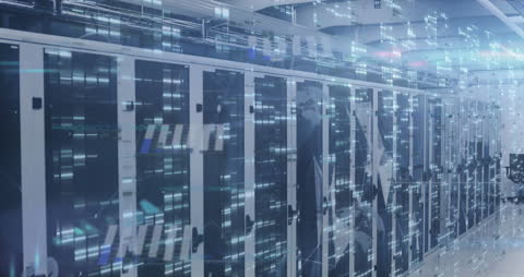 Digital Data Flow Animation Over High-Tech Server Room
