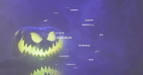 Glowing jack-o'-lantern reflecting in purple fog with floating code fragments