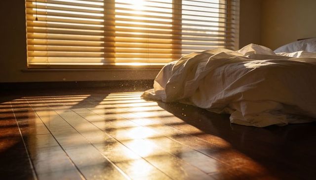 Golden morning light casting blind shadows on wooden floor with rumpled white bedding
