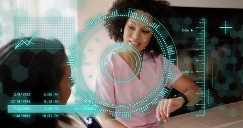 Caregiver leaning showing smartwatch health data with ar hud overlay for telemedicine