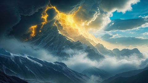 Stormy Mountain Peak Erupting with Lightning Arcs and Sunlit Clouds - Download Free Stock Images Pikwizard.com