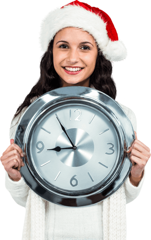 Smiling woman in christmas hat holding clock on transparent background