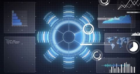 Futuristic dashboard displaying central circular interface hub pulsing with real-time analytics pane