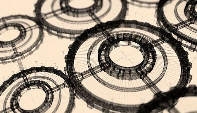 Concentric wireframe blueprint showing circular gear assemblies, spokes and gridlines