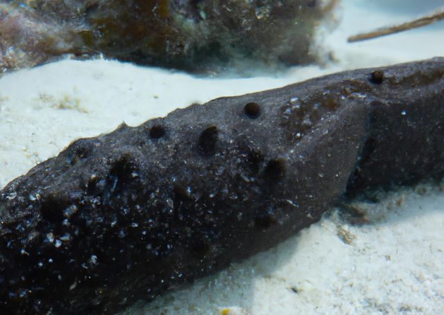 Useful for marine biology studies, oceanography, educational materials on marine life, and websites or brochures focused on underwater marine creatures. Highlights the texture and unique appearance of sea cucumbers in their natural habitat.