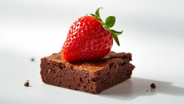 Ripe strawberry topping glossy moist chocolate brownie square on white plate
