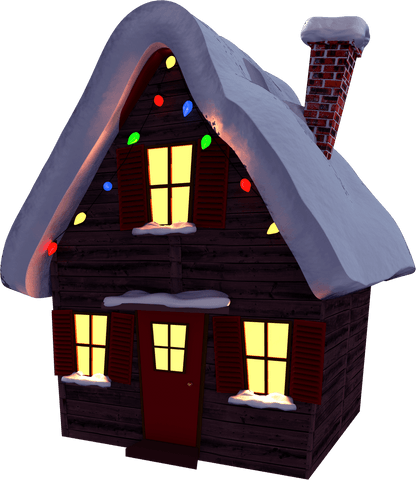 Transparent snow-covered cottage with festive christmas lights