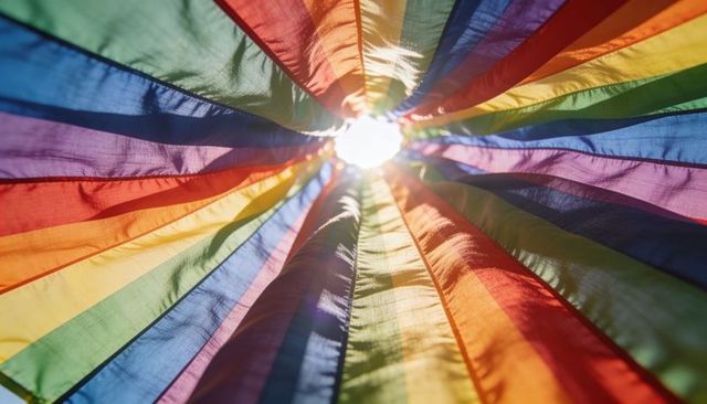 Sunlight streaming through radial rainbow fabric canopy with translucent color panels