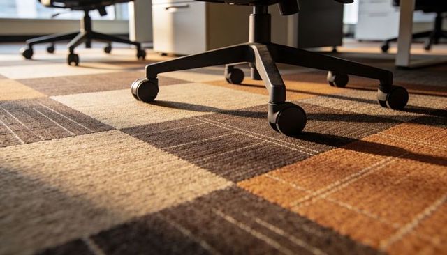 Office chair caster wheels rolling on warm patterned carpet tiles casting long shadows
