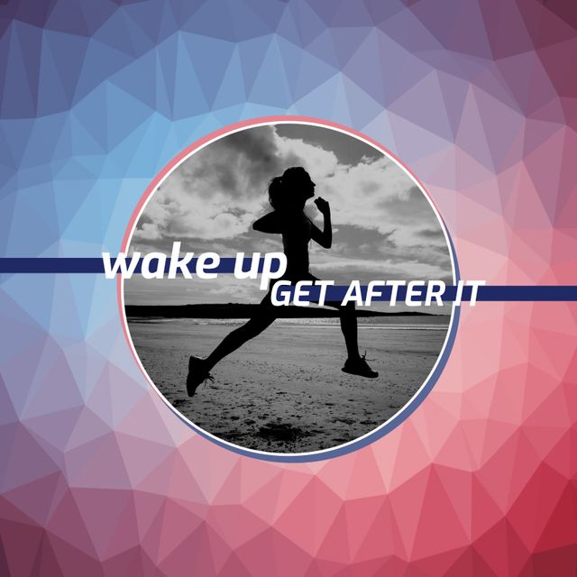 Motivational poster featuring silhouette of woman running on beach against background with inspiring quote 'Wake Up Get After It'. Perfect for fitness enthusiasts as wall art, social media posts, or motivational content. Captures essence of determination and healthy lifestyle.