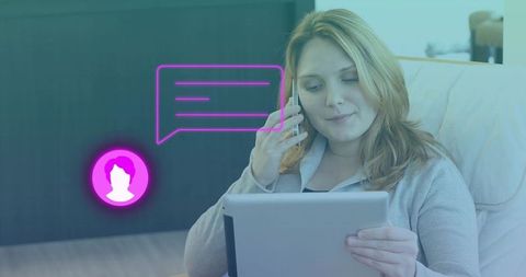 Woman Using Smartphone and Tablet at Home Communicating in Cozy Setting