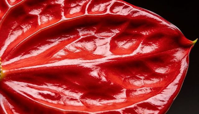 Glossy red anthurium spathe macro showing intricate veins and yellow spadix tip