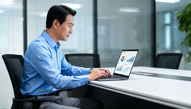 Asian businessman typing laptop analyzing financial charts at modern conference table