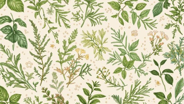 Hand-drawn herb sprig pattern featuring cream-beige background for wallpaper fabric