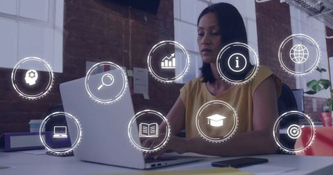 Professional Woman in Modern Office with Digital Interface Icons