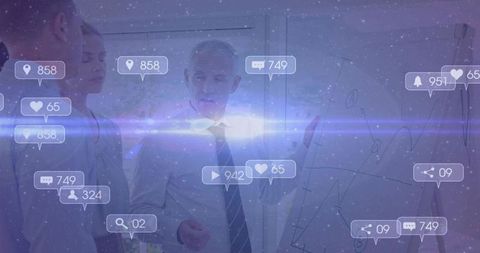 Executive presenting digital strategy on whiteboard with social media analytics overlays