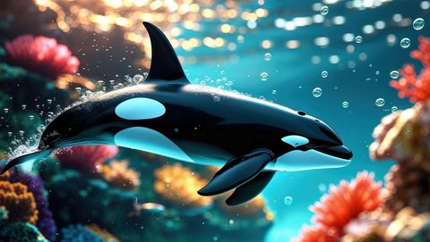 Orca gliding through vibrant coral reef with sunlit water