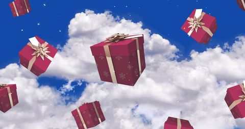 Gift Boxes Flying Among Cloudy Skies Symbolizing Festive Spirit