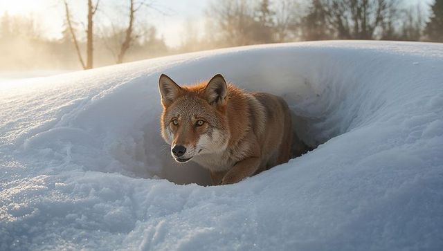 Red fox emerging from snow hollow at sunlit woodland edge with sparkling crystals