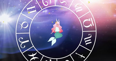 Zodiac Symbols and Mystical Mermaid with Cosmic Background