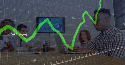 Team Collaborating in Office with Data Analysis Overlay