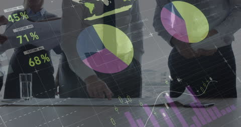 Businessmen Analyzing Projected Data with Overlaid Graphs