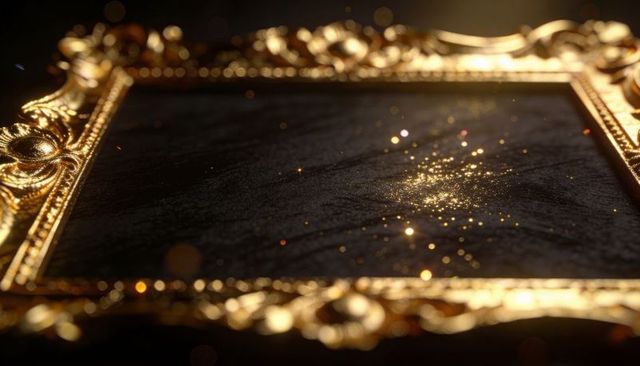 Ornate gilded frame with scattered gold dust on dark velvet panel luxury background