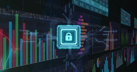 Neon Cybersecurity Chip Lock Securing Financial Data with Holographic Analytics Interface