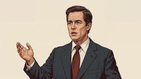 Professional prosecutor man in navy suit gesturing confidently