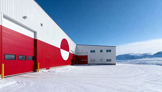 Red and white arctic warehouse with bold circle graphic on snow-covered industrial lot