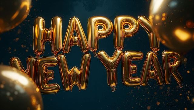 Gold Balloon Letters Spelling HAPPY NEW YEAR on Dark Teal Backdrop with Floating Balloons