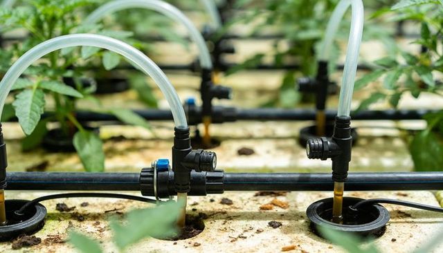 Hydroponic drip irrigation feeding nutrients into net pots on greenhouse bench