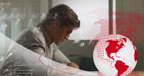 Man Using Tablet with Digital Data Overlay Globe Graphics