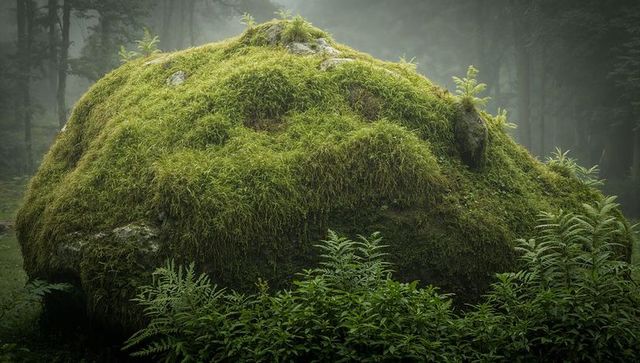 Moss-covered boulder in misty temperate forest with ferns and lush green vegetation