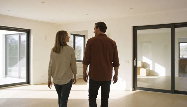 Young couple touring sunlit empty modern home with moving boxes, open-plan living interior
