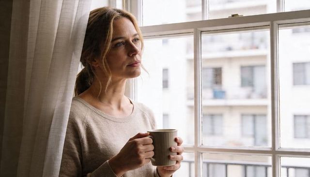 Contemplative middle-aged woman holding mug, gazing out urban apartment window