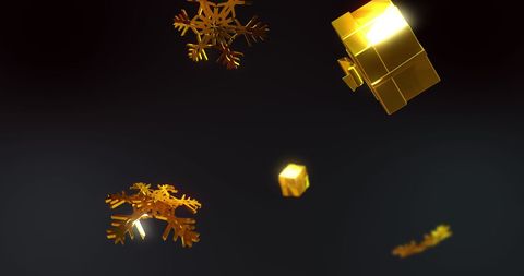 Golden Presents and Snowflakes on Black Background