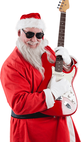 Smiling santa claus playing electric guitar transparent