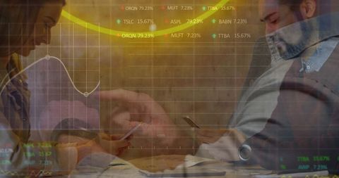 Professionals Using Smartphones with Financial Charts Overlay