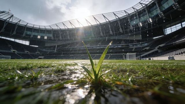 Low-angle grass tuft glittering in rain on football stadium pitch with puddle and goal