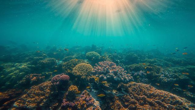 Vibrant Shallow Coral Reef with Sunbeams and Tropical Fish in Turquoise Seascape