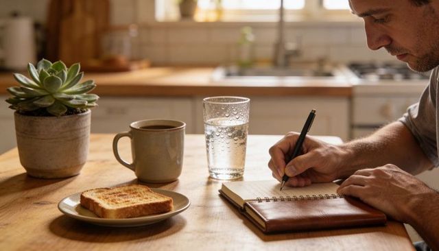 Man writing morning journal at kitchen table with coffee, toast, succulent