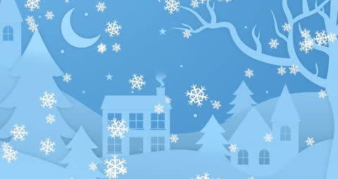 Snowy Winter Wonderland with Houses and Snowflakes